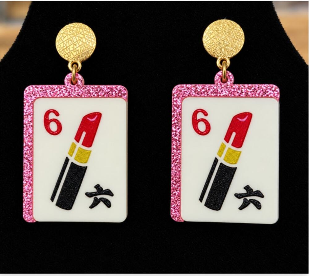 Fun Mahjong Tile Stud Earrings Acrylic with No 6 and Lipstick Pink Glitter Edges